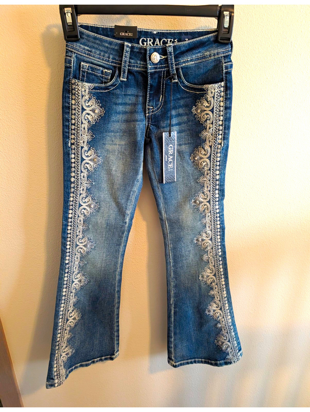Grace in LA Gigi Girls 7 Blue Medium Wash Flare Denim Jeans Embroidered Western